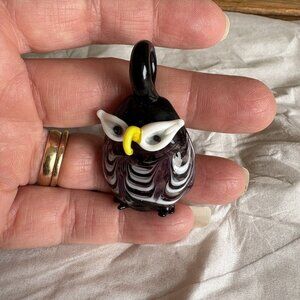 Hand blown Art Glass  Owl Pendant Necklace Charm Black And Purple
